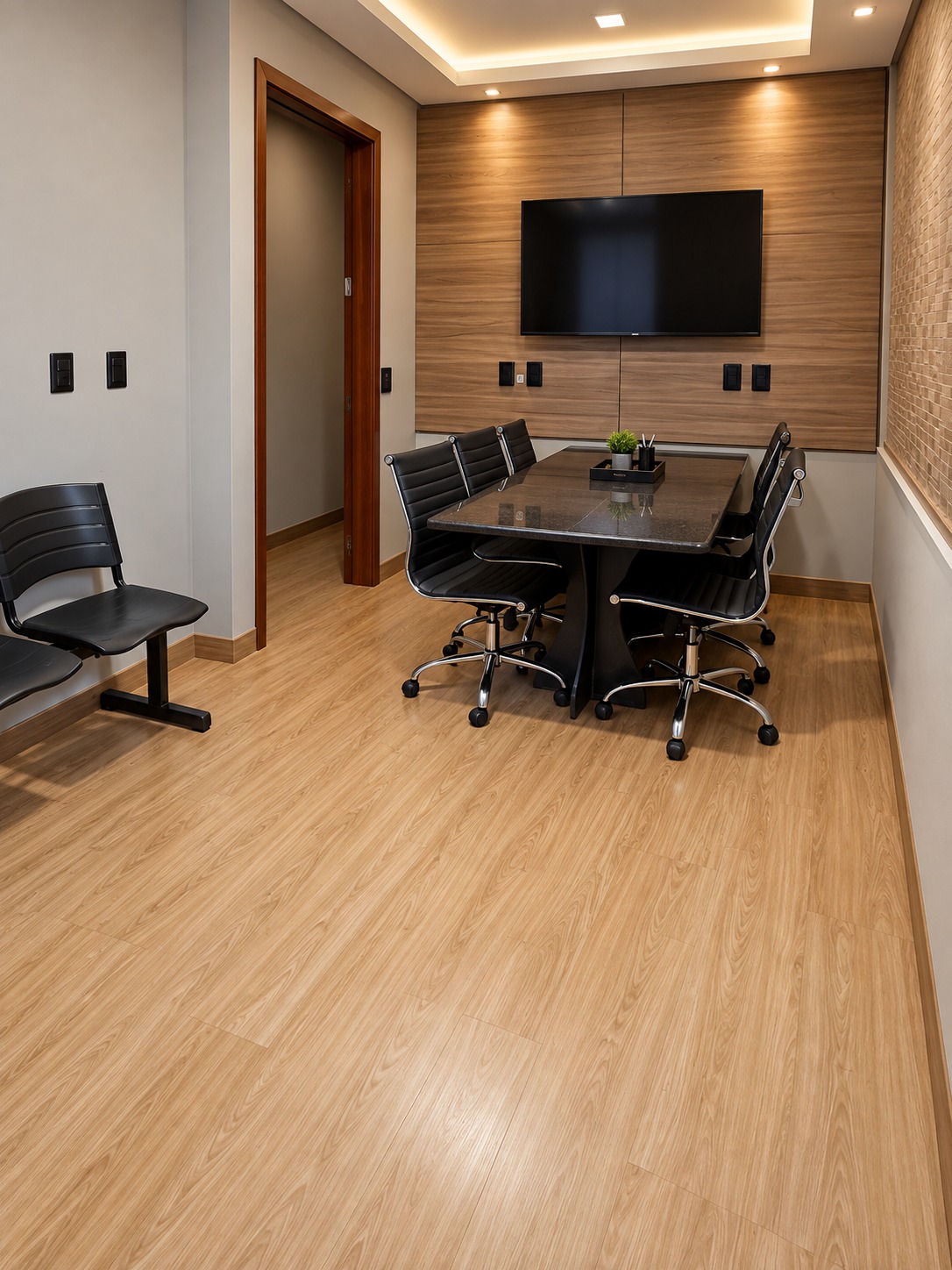 Piso vinílico instalado pela Aplik Decor em ambiente integrado